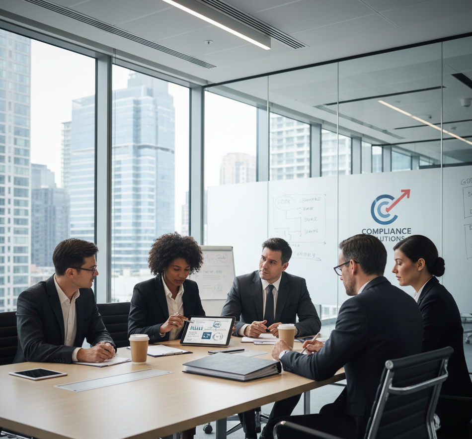 Business professionals discussing compliance in a modern office